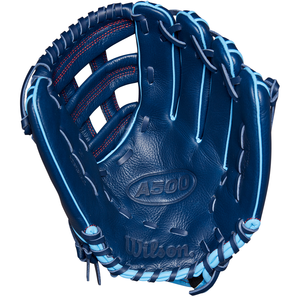 The Wilson A500 12" Baseball Glove: WBW10254212 by Wilson features a blue design with light blue laces and red stitching, displayed open with the palm side facing forward.