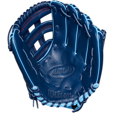 The Wilson A500 12" Baseball Glove: WBW10254212 by Wilson features a blue design with light blue laces and red stitching, displayed open with the palm side facing forward.