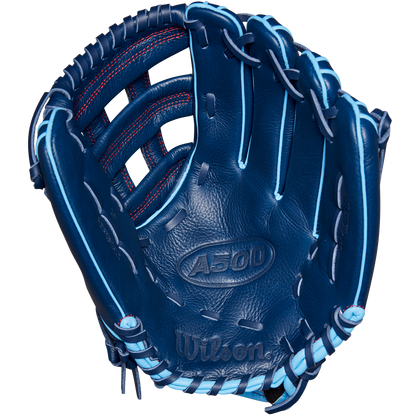 The Wilson A500 12" Baseball Glove: WBW10254212 by Wilson features a blue design with light blue laces and red stitching, displayed open with the palm side facing forward.