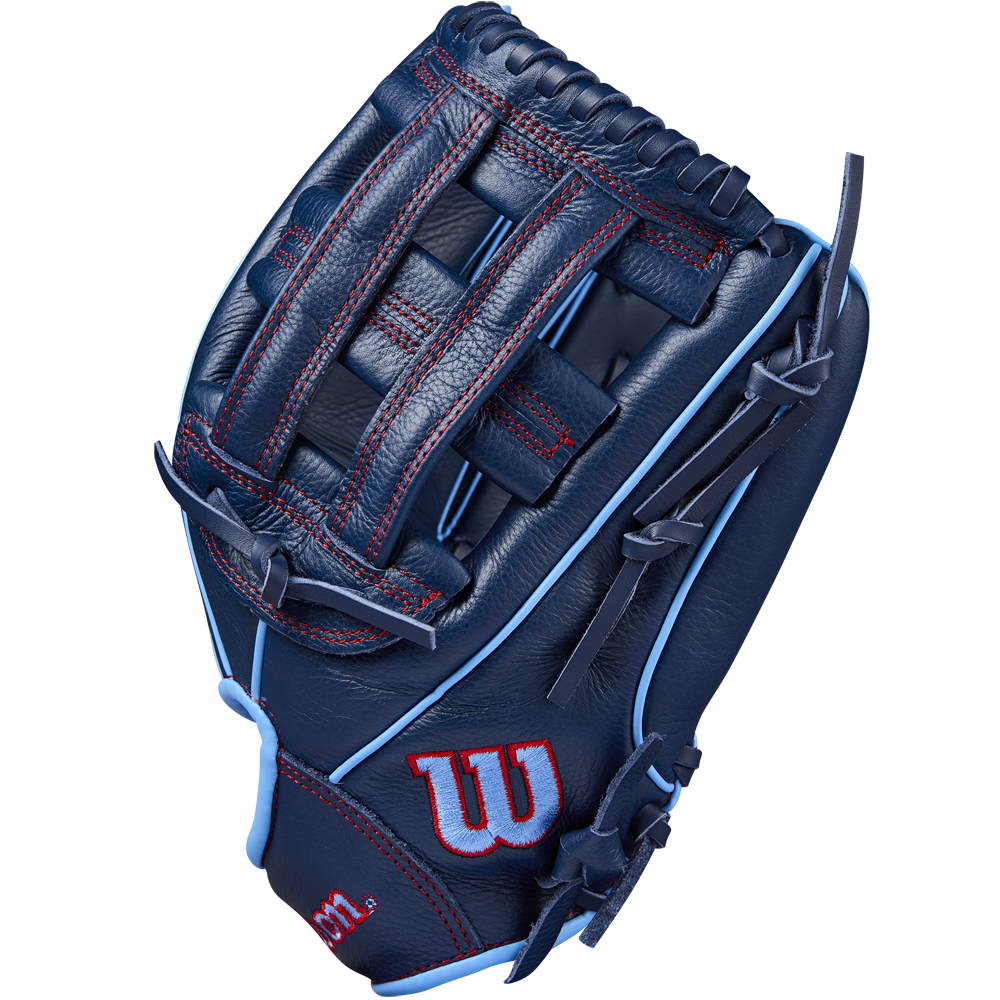 The Wilson A500 12" Baseball Glove (WBW10254212) is a dark blue youth glove with red stitching, light blue accents, and a woven web. It features the Wilson W logo embroidered on the thumb.