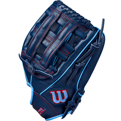 The Wilson A500 12" Baseball Glove (WBW10254212) is a dark blue youth glove with red stitching, light blue accents, and a woven web. It features the Wilson W logo embroidered on the thumb.