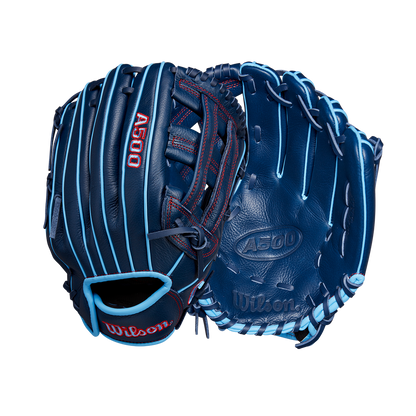 Two Wilson A500 12" Baseball Gloves (model WBW10254212) in navy blue with light blue laces and red stitching, shown front and back against a plain white background. Brand: Wilson.