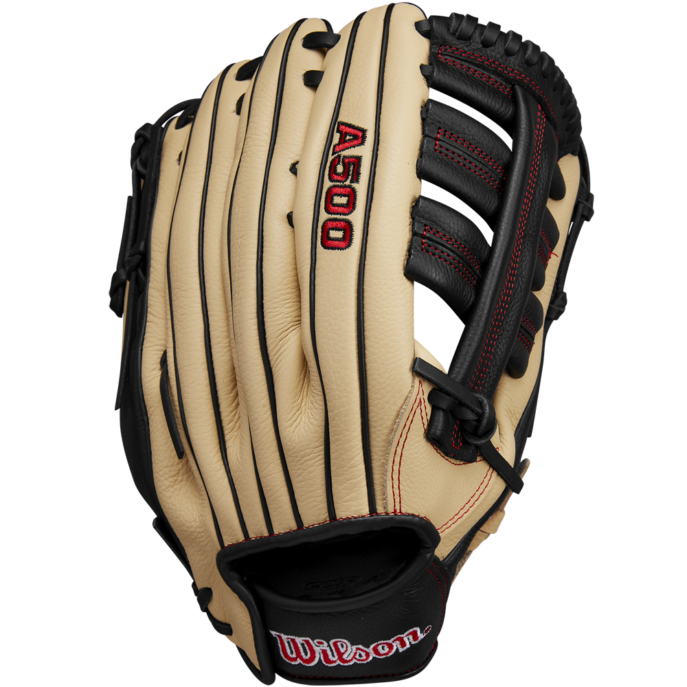 The Wilson A500 12.5" Baseball Glove (WBW102544125) features a tan and black design with red stitching, the Wilson logo on the wrist strap, and is shown against a plain white background.