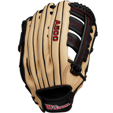 The Wilson A500 12.5" Baseball Glove (WBW102544125) features a tan and black design with red stitching, the Wilson logo on the wrist strap, and is shown against a plain white background.