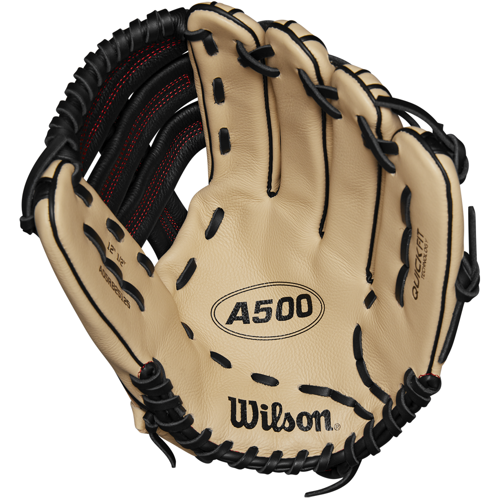 The Wilson A500 12.5" Baseball Glove (WBW102544125) by Wilson features a tan design with black laces and red stitching, visible brand logos, and a deep pocket—ideal for youth outfielders catching balls.