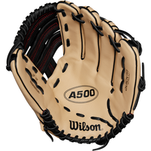 The Wilson A500 12.5" Baseball Glove (WBW102544125) by Wilson features a tan design with black laces and red stitching, visible brand logos, and a deep pocket—ideal for youth outfielders catching balls.