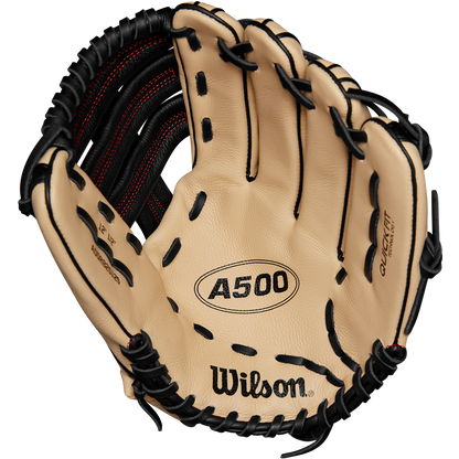 The Wilson A500 12.5" Baseball Glove (WBW102544125) by Wilson features a tan design with black laces and red stitching, visible brand logos, and a deep pocket—ideal for youth outfielders catching balls.