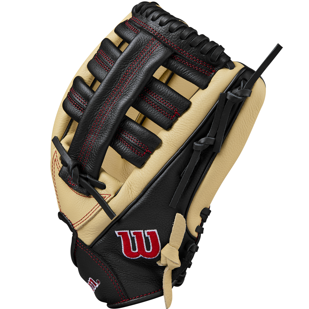 The Wilson A500 12.5" Baseball Glove (WBW102544125) features black and tan leather, red stitching, a black laced web, and the signature red W logo—perfect for youth outfield players.