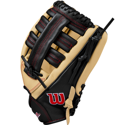 The Wilson A500 12.5" Baseball Glove (WBW102544125) features black and tan leather, red stitching, a black laced web, and the signature red W logo—perfect for youth outfield players.