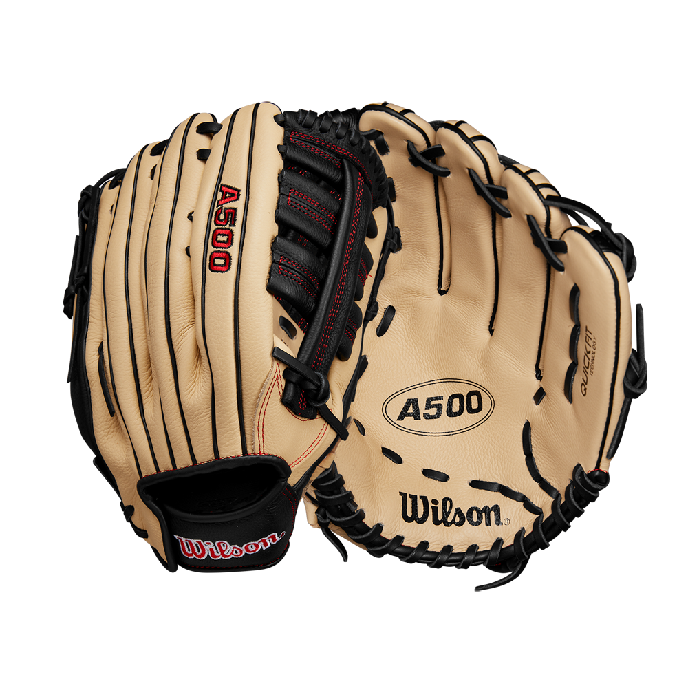 A pair of Wilson A500 12.5" Baseball Gloves (WBW102544125) in tan with black lacing and red accents, shown on a white background.