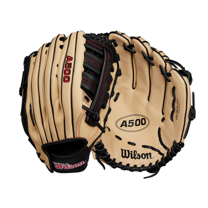 A pair of Wilson A500 12.5" Baseball Gloves (WBW102544125) in tan with black lacing and red accents, shown on a white background.