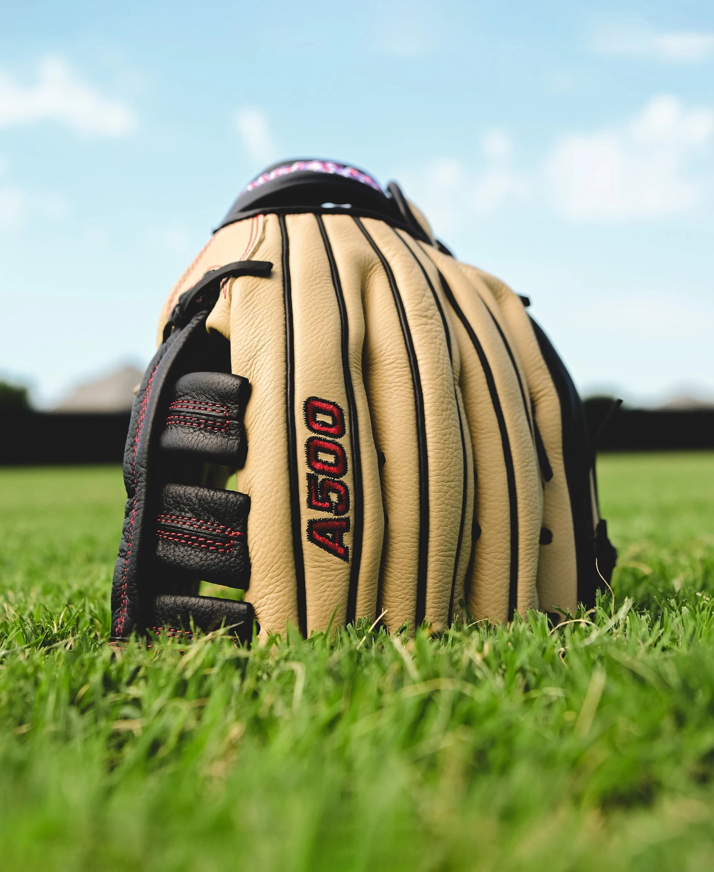 A Wilson A500 12.5" Baseball Glove (WBW102544125) by Wilson sits on the grass, ready for action.