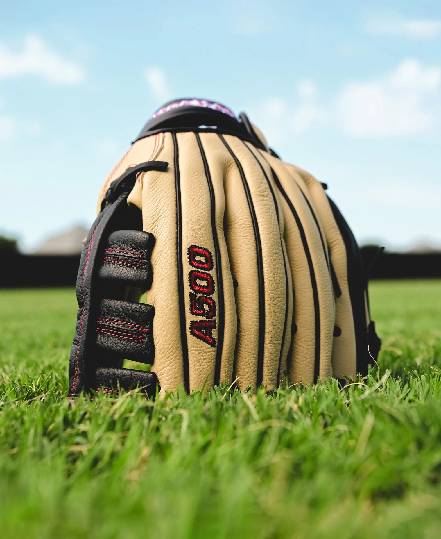 A Wilson A500 12.5" Baseball Glove (WBW102544125) by Wilson sits on the grass, ready for action.