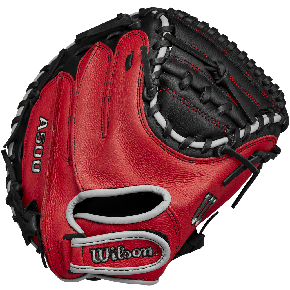 A Wilson A500 32" Baseball Catcher's Mitt (WBW10254632) in red and black with white lacing is shown from the front, displaying the Wilson brand name and webbing details.
