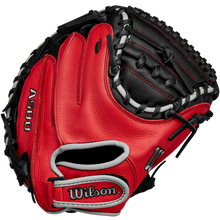 A Wilson A500 32" Baseball Catcher's Mitt (WBW10254632) in red and black with white lacing is shown from the front, displaying the Wilson brand name and webbing details.