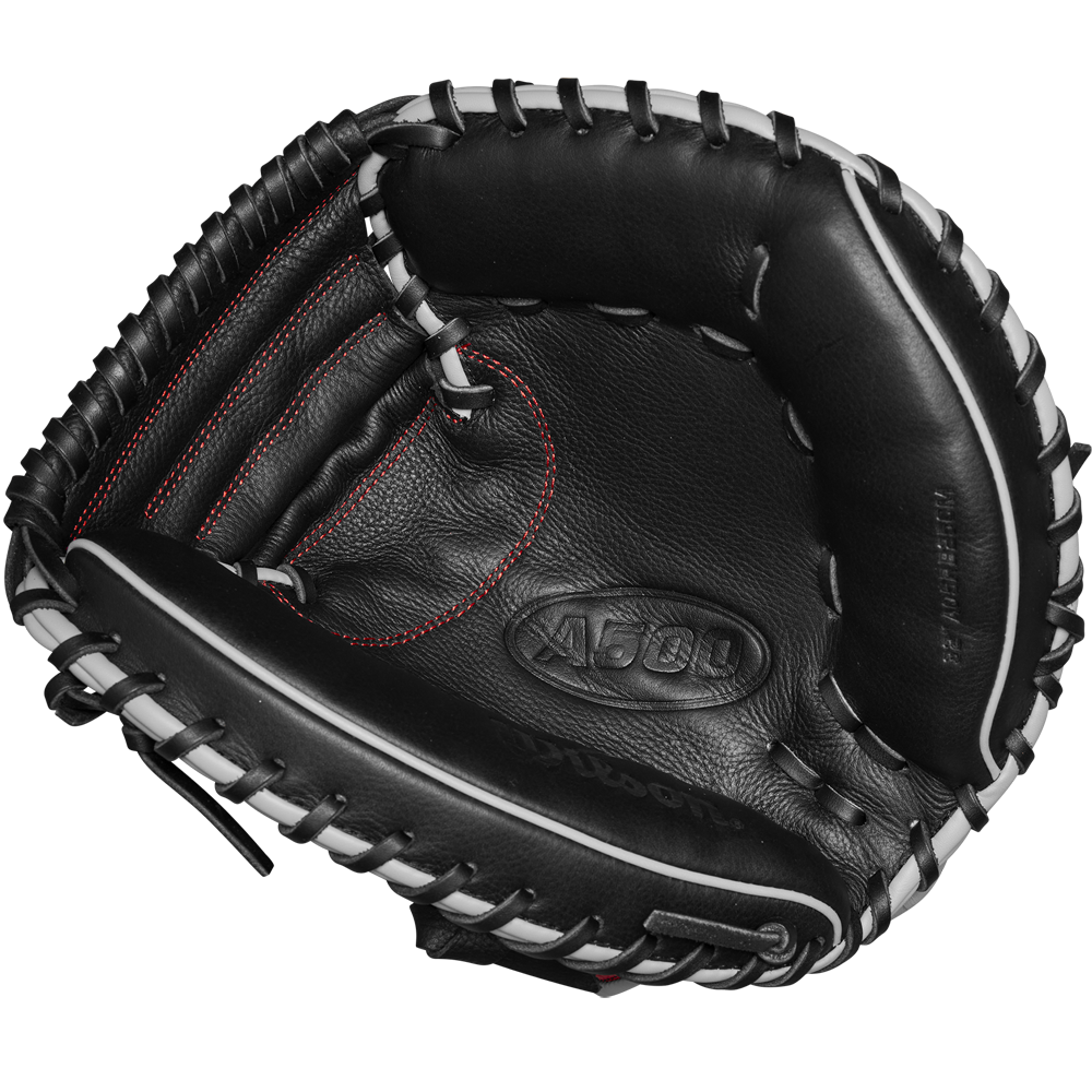 The Wilson A500 32" Baseball Catcher's Mitt (WBW10254632) is a black leather mitt with white laces and red stitching, featuring the Wilson brand and model number embossed on the palm.