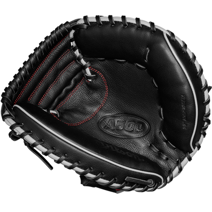 The Wilson A500 32" Baseball Catcher's Mitt (WBW10254632) is a black leather mitt with white laces and red stitching, featuring the Wilson brand and model number embossed on the palm.