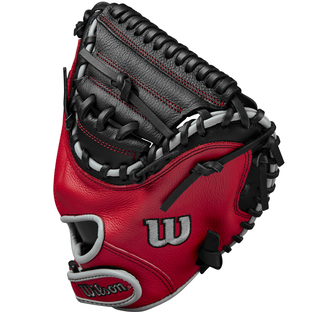 The Wilson A500 32" Baseball Catcher's Mitt: WBW10254632 in red and black with white accents, detailed stitching, and an open web design is displayed against a plain white background.