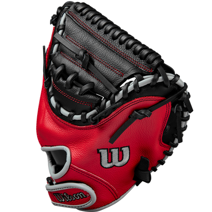 The Wilson A500 32" Baseball Catcher's Mitt: WBW10254632 in red and black with white accents, detailed stitching, and an open web design is displayed against a plain white background.