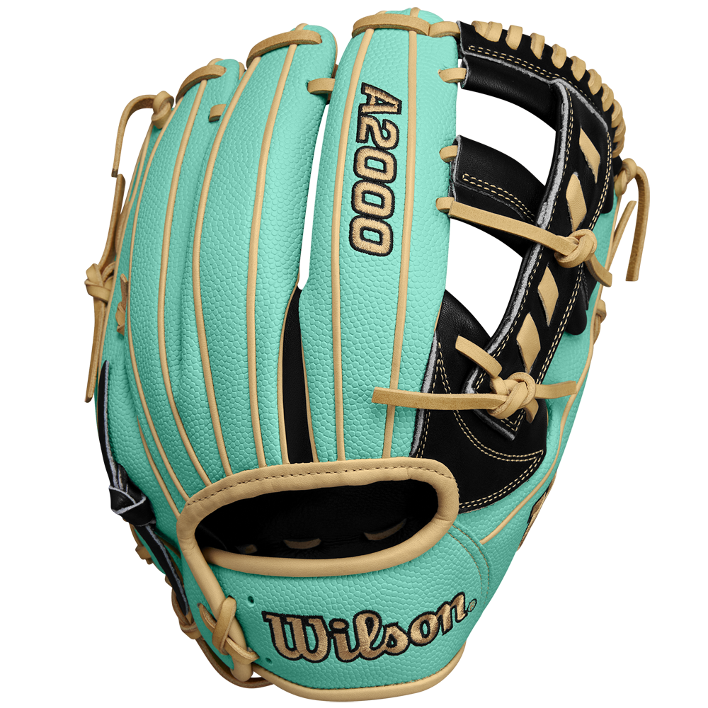 The Wilson A2000 1716SS 11.5" Baseball Glove (WBW102547115) features turquoise and tan Pro Stock leather, black lacing, an open web, bold stitching, and Wilson embroidery on the wrist. Available Spring 2025.