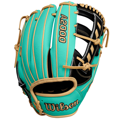 The Wilson A2000 1716SS 11.5" Baseball Glove (WBW102547115) features turquoise and tan Pro Stock leather, black lacing, an open web, bold stitching, and Wilson embroidery on the wrist. Available Spring 2025.