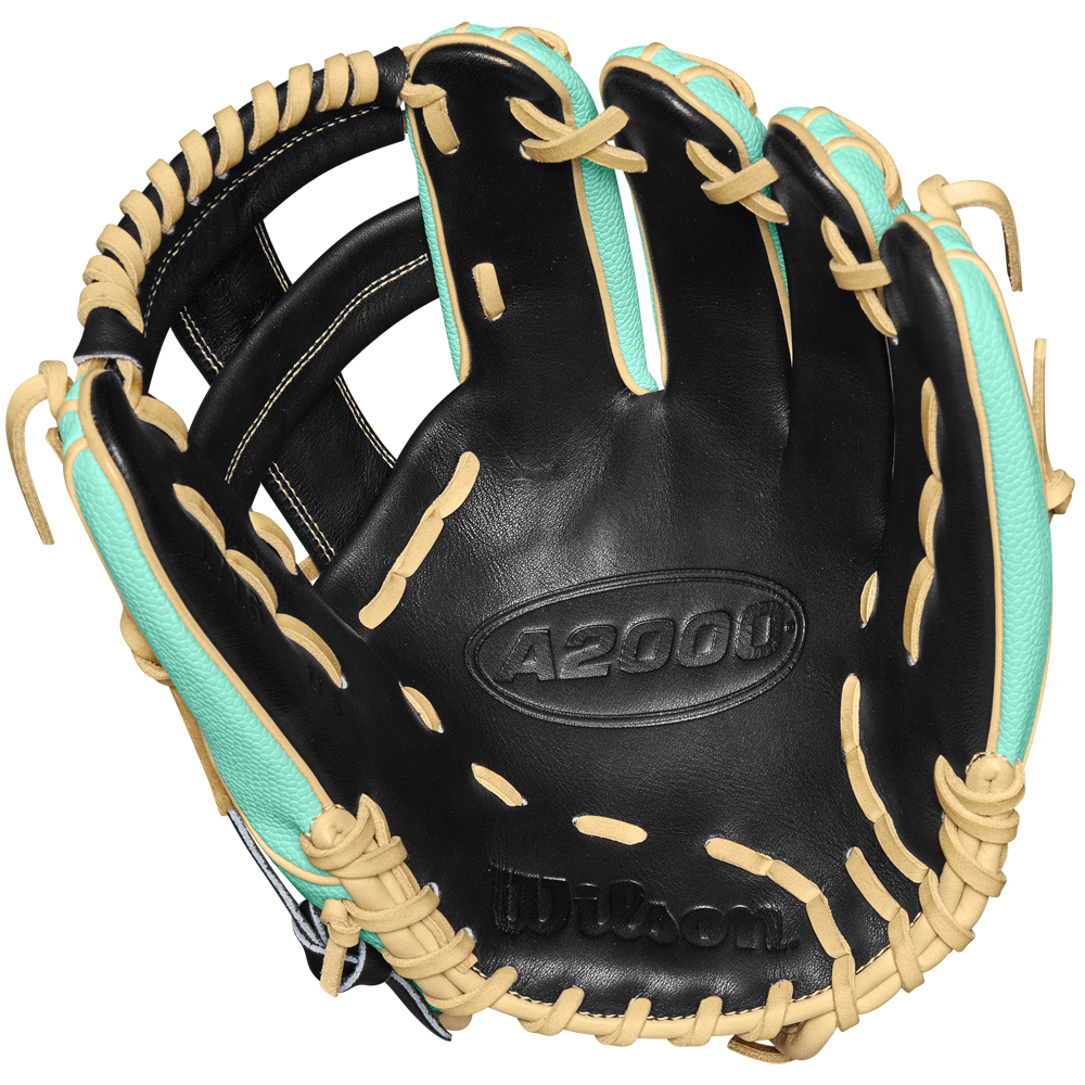The Wilson A2000 1716SS 11.5" Baseball Glove (SPRING 2025: WBW102547115) features black premium Pro Stock leather, tan laces, turquoise accents, and an embossed Wilson logo on the palm side.