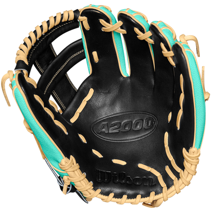 The Wilson A2000 1716SS 11.5" Baseball Glove (SPRING 2025: WBW102547115) features black premium Pro Stock leather, tan laces, turquoise accents, and an embossed Wilson logo on the palm side.