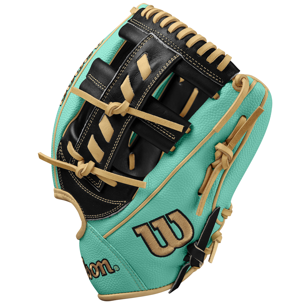 The Wilson A2000 1716SS 11.5" Baseball Glove (SPRING 2025: WBW102547115) by Wilson features a teal and black design with tan laces, Pro Stock leather, and a black-and-gold embroidered Wilson logo on the side.