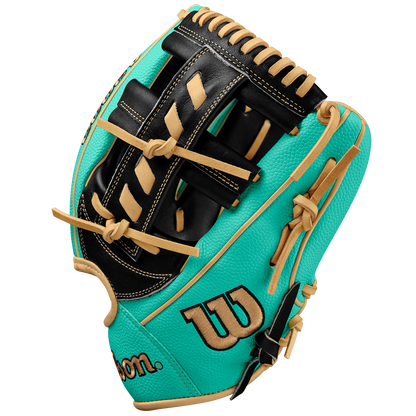 The Wilson A2000 1716SS 11.5" Baseball Glove (SPRING 2025: WBW102547115) by Wilson features a teal and black design with tan laces, Pro Stock leather, and a black-and-gold embroidered Wilson logo on the side.