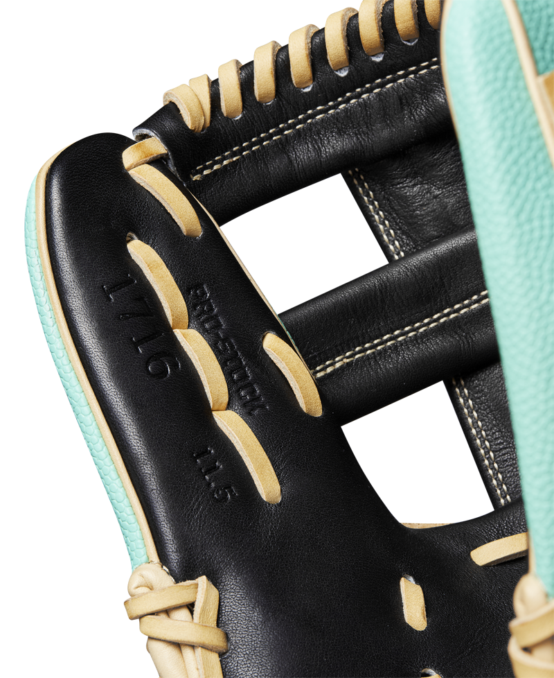 Close-up of the Wilson A2000 1716SS 11.5" Baseball Glove (WBW102547115), featuring Pro Stock leather, tan laces, teal accents, and visible detailed stitching with embossed "1776" on the palm. Brand: Wilson. SPRING 2025 release.