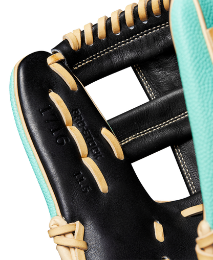 Close-up of the Wilson A2000 1716SS 11.5" Baseball Glove (WBW102547115), featuring Pro Stock leather, tan laces, teal accents, and visible detailed stitching with embossed "1776" on the palm. Brand: Wilson. SPRING 2025 release.