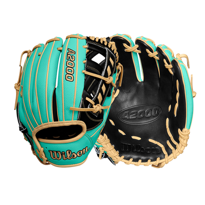Two Wilson A2000 1716SS 11.5" baseball gloves (Spring 2025: WBW102547115) in teal with tan lacing and black interiors, made from Pro Stock leather, are displayed from the back and palm sides against a white background.