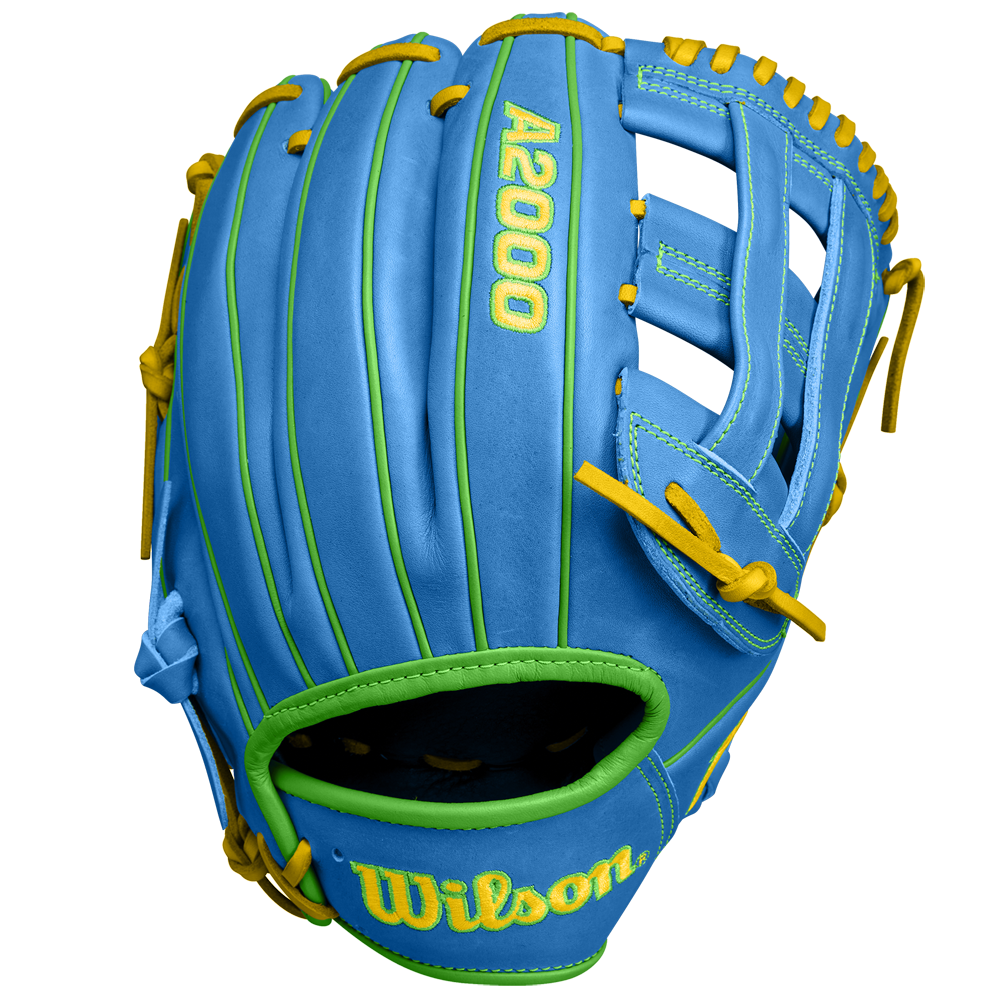 The Wilson A2000 PP05 11.5" Baseball Glove (SPRING 2025: WBW102548115) features bright blue Pro Stock® leather with yellow and green accents, including yellow laces and embroidered branding, shown against a white background.