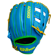 The Wilson A2000 PP05 11.5" Baseball Glove (SPRING 2025: WBW102548115) features bright blue Pro Stock® leather with yellow and green accents, including yellow laces and embroidered branding, shown against a white background.