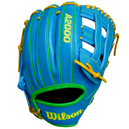 The Wilson A2000 PP05 11.5" Baseball Glove (SPRING 2025: WBW102548115) features bright blue Pro Stock® leather with yellow and green accents, including yellow laces and embroidered branding, shown against a white background.