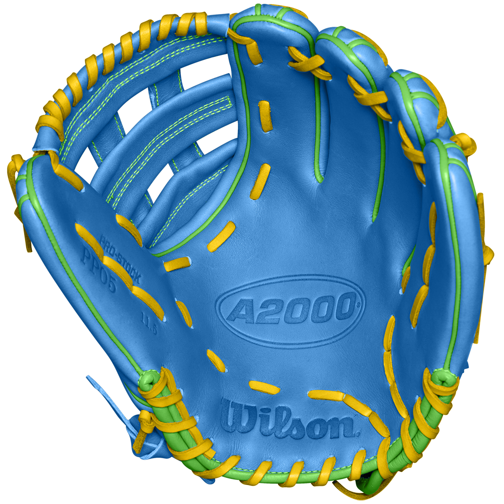 The Wilson A2000 PP05 11.5" Baseball Glove (SPRING 2025: WBW102548115) features a bright blue design with yellow laces, green accents, and visible stitching, crafted from premium Pro Stock® leather, shown palm up on a white background.
