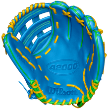 The Wilson A2000 PP05 11.5" Baseball Glove (SPRING 2025: WBW102548115) features a bright blue design with yellow laces, green accents, and visible stitching, crafted from premium Pro Stock® leather, shown palm up on a white background.
