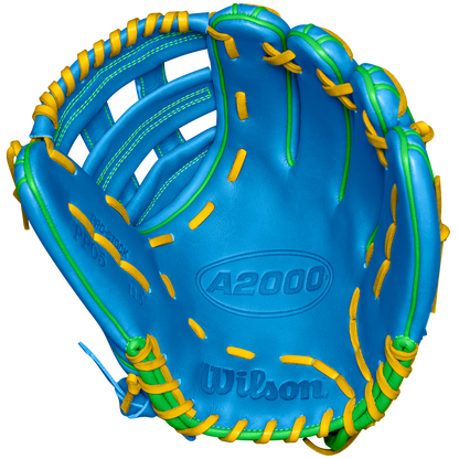 The Wilson A2000 PP05 11.5" Baseball Glove (SPRING 2025: WBW102548115) features a bright blue design with yellow laces, green accents, and visible stitching, crafted from premium Pro Stock® leather, shown palm up on a white background.