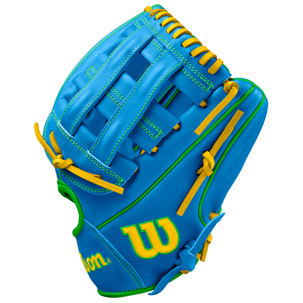 The Wilson A2000 PP05 11.5" Baseball Glove (SPRING 2025: WBW102548115) features a bright blue design with yellow and green accents, yellow laces, a bold yellow W logo, and durable Pro Stock® leather construction.
