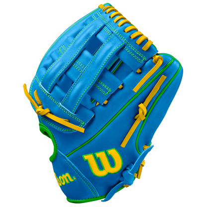 The Wilson A2000 PP05 11.5" Baseball Glove (SPRING 2025: WBW102548115) features a bright blue design with yellow and green accents, yellow laces, a bold yellow W logo, and durable Pro Stock® leather construction.