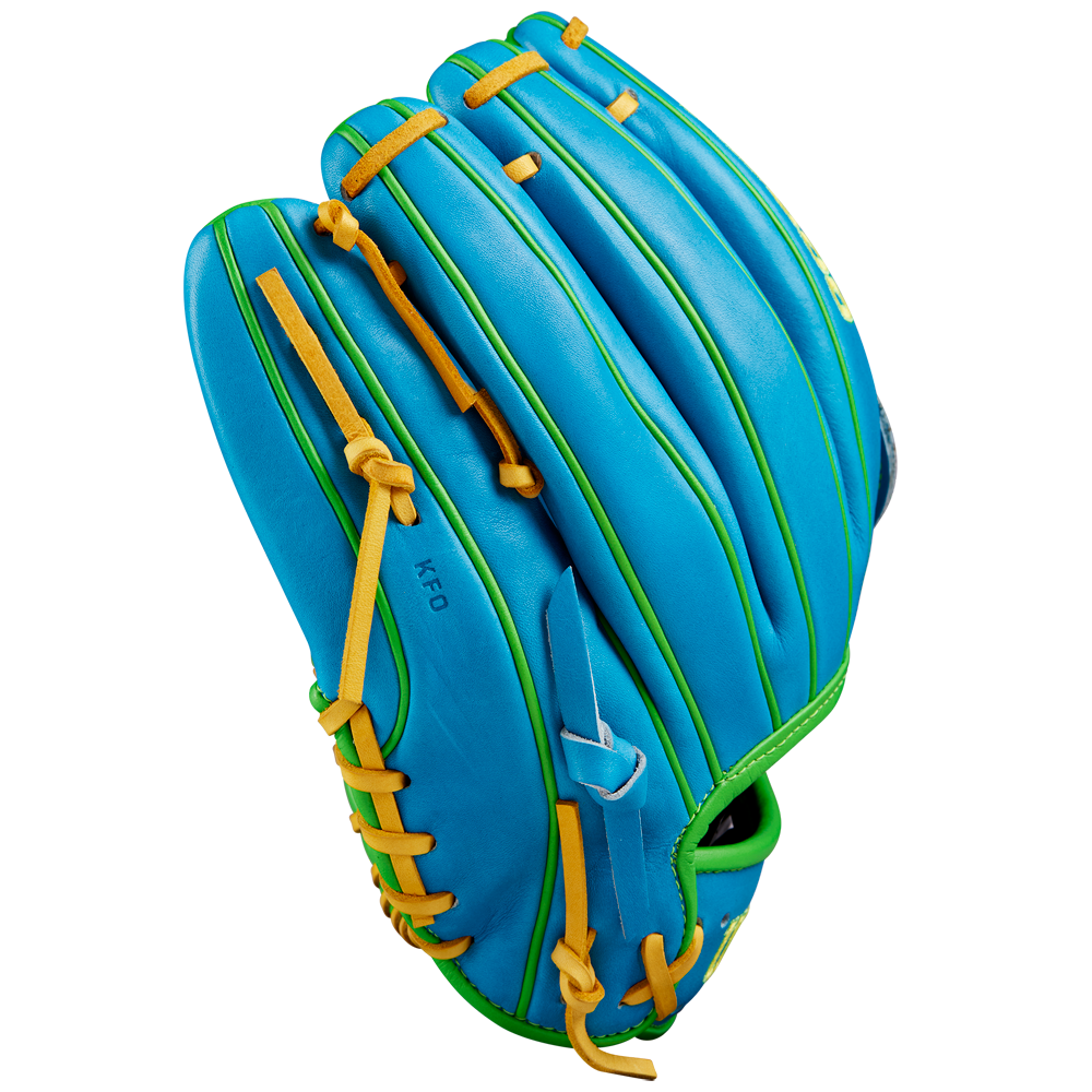 The Wilson A2000 PP05 11.5" Baseball Glove (SPRING 2025: WBW102548115) features a bright blue design with green accents and yellow laces, crafted from Pro Stock® leather, and is pictured on a white background.