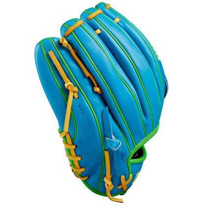 The Wilson A2000 PP05 11.5" Baseball Glove (SPRING 2025: WBW102548115) features a bright blue design with green accents and yellow laces, crafted from Pro Stock® leather, and is pictured on a white background.