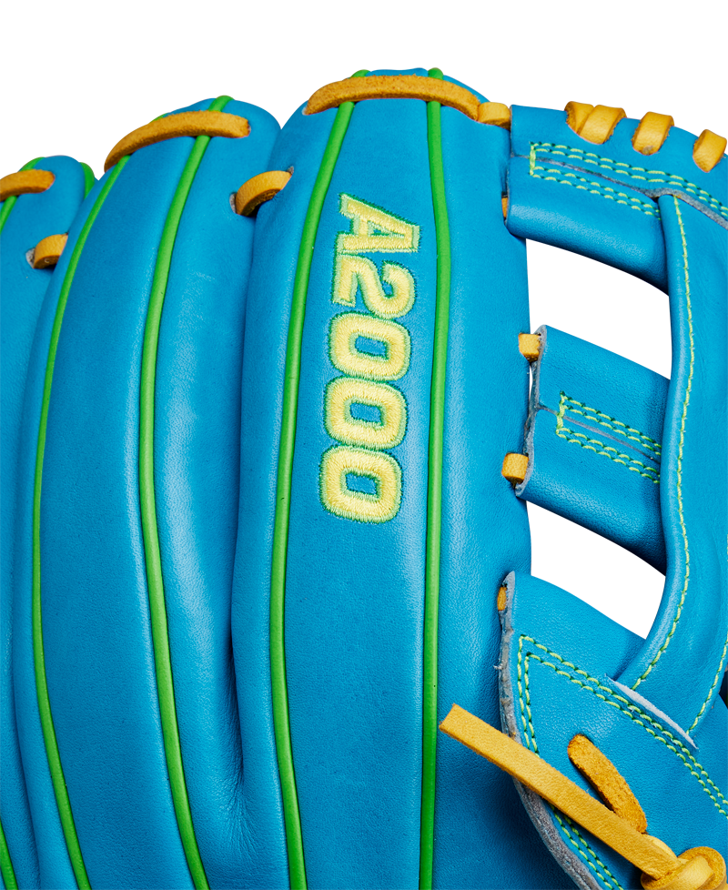 Close-up of the Wilson A2000 PP05 11.5" Baseball Glove, SPRING 2025: WBW102548115, in bright blue Pro Stock® leather with yellow and green stitching. "A2000 PP05" is embroidered in yellow on the back.