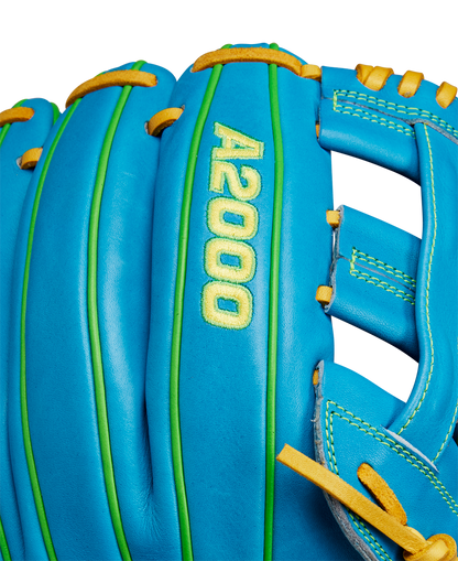 Close-up of the Wilson A2000 PP05 11.5" Baseball Glove, SPRING 2025: WBW102548115, in bright blue Pro Stock® leather with yellow and green stitching. "A2000 PP05" is embroidered in yellow on the back.