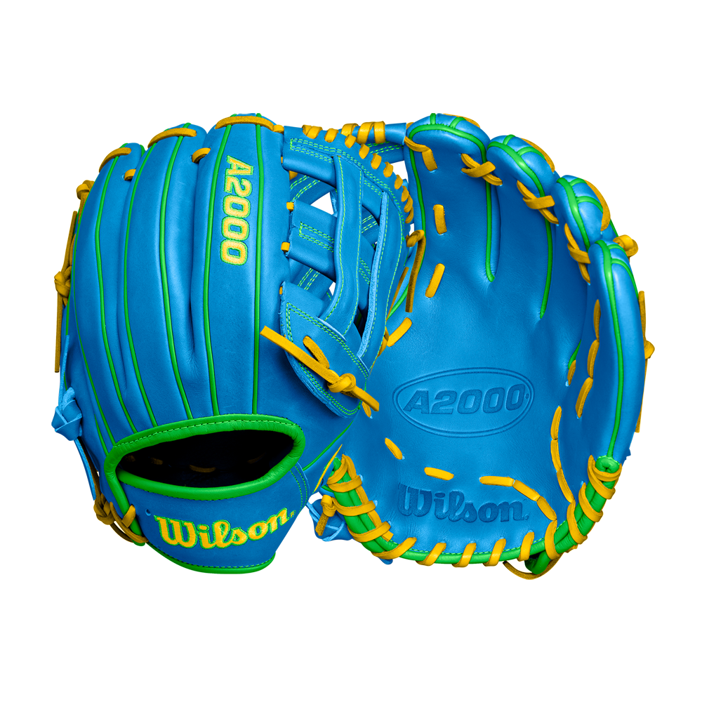 The Wilson A2000 PP05 11.5" Baseball Glove (WBW102548115) from Wilson, featuring bright blue Pro Stock® leather with green trim and yellow lacing, is displayed from both back and palm sides on a white background.