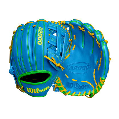 The Wilson A2000 PP05 11.5" Baseball Glove (WBW102548115) from Wilson, featuring bright blue Pro Stock® leather with green trim and yellow lacing, is displayed from both back and palm sides on a white background.
