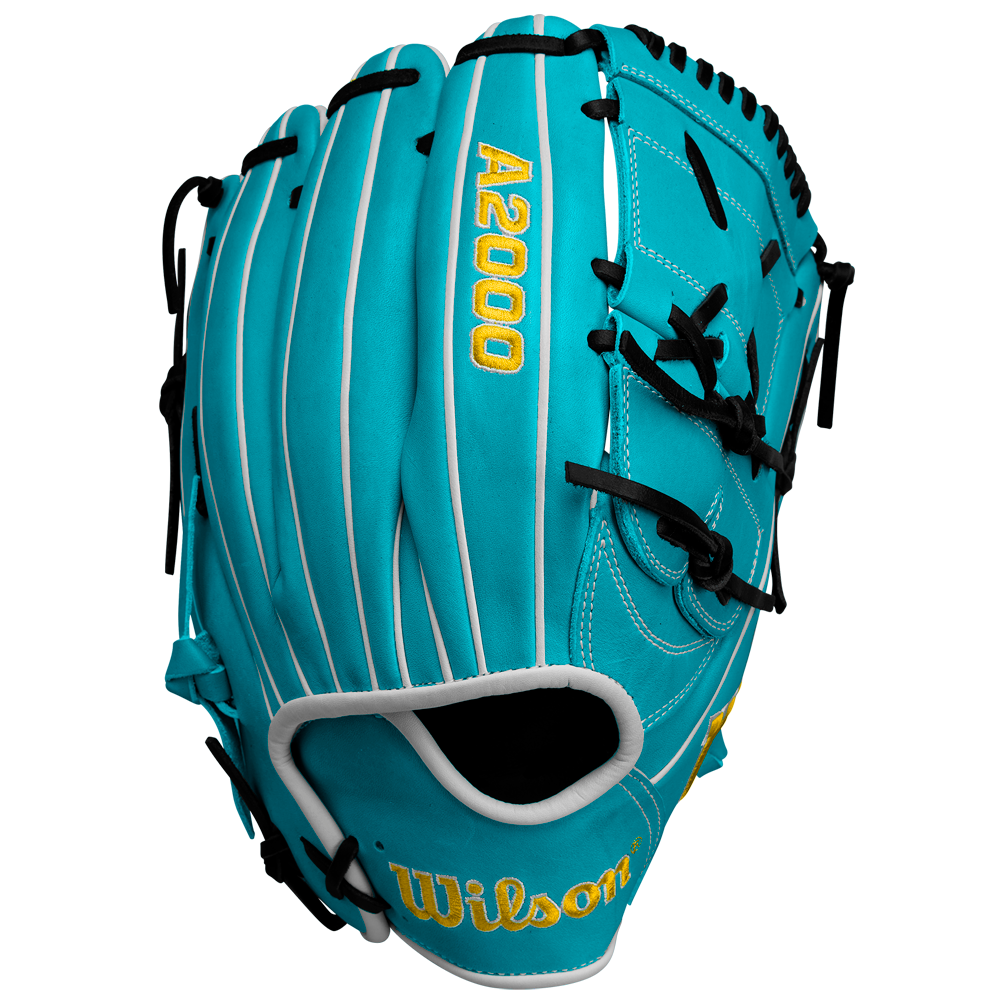The Wilson A2000 SA17 12" Baseball Glove (SPRING 2025: WBW10255012) is a blue glove designed for pitchers with yellow text, crafted from premium Pro Stock® leather.