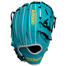 The Wilson A2000 SA17 12" Baseball Glove (SPRING 2025: WBW10255012) is a blue glove designed for pitchers with yellow text, crafted from premium Pro Stock® leather.