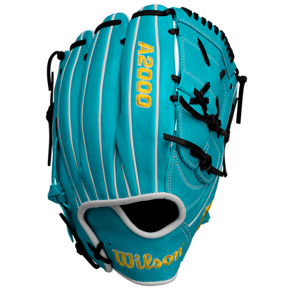 The Wilson A2000 SA17 12" Baseball Glove (SPRING 2025: WBW10255012) is a blue glove designed for pitchers with yellow text, crafted from premium Pro Stock® leather.