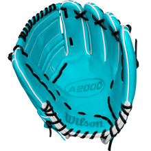 The Wilson A2000 SA17 12" Baseball Glove (SPRING 2025: WBW10255012) by Wilson, in turquoise with black laces and white trim, is shown open against a white background, displaying its palm and finger slots.